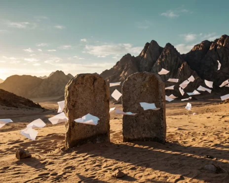 Two stone tablets standing firm on Sinai while loose pages blow away at their base