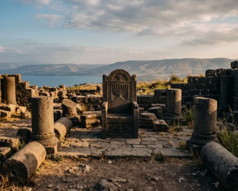 An ancient carved stone chair standing empty on a mountain summit above the curve of the earth