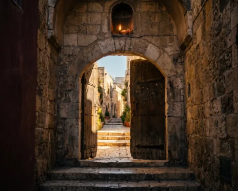 A single narrow gate open in a Jerusalem stone wall, a path of light running through it, a menorah burning above